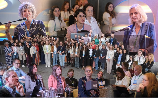 collage van groepsfoto, sprekers en deelnemers